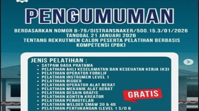 Pengumuman fasilitasi pelatihan kejuruan oleh Distransnaker Kukar. (Sosial Media Distransnaker Kukar)