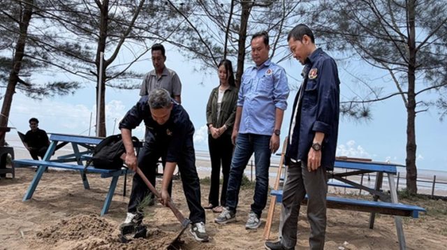 PWI Kukar saat melakukan penanaman pohon cemara di kawasan pesisir Desa Kersik