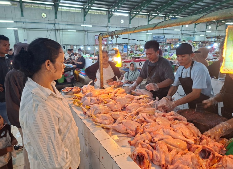 Supre penjual ayam di pasar gerbang raja mangkurawang memotong ayam pembeli, Kamis (4/6/26). (Dilla/Lingkarkaltim)