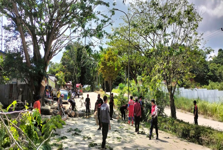 Petugas gabungan saat memotong dahan pohon yang tumbang di Desa Bukit Raya, Senin (22/6/2026). (Doc. Damkar Kukar)
