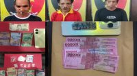 3 Tersangka dan barang bukti yang diamankan Polsek Anggana, Senin (1/6/26). (Doc. Humas Polsek Anggana)