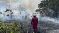 Petugas Damkar Pos Muara Badak melakukan pemadaman kebakaran di kawasan Jalan Poros Samarinda–Badak, Desa Batu-Batu, Sabtu (25/7/2026). (Doc. Damkar Muara Badak)