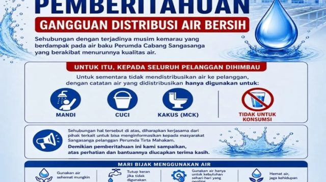 Flyer Himbauan Pemberitahuan gangguan distribusi air bersih di Sanga-sanga dari Pemerintah Kecamatan Sanga-Sanga, Jumat (28/8/26). (Doc. Kelurahan Pendingin)