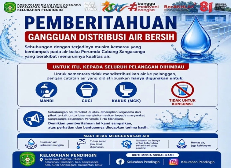 Flyer Himbauan Pemberitahuan gangguan distribusi air bersih di Sanga-sanga dari Pemerintah Kecamatan Sanga-Sanga, Jumat (28/8/26). (Doc. Kelurahan Pendingin)