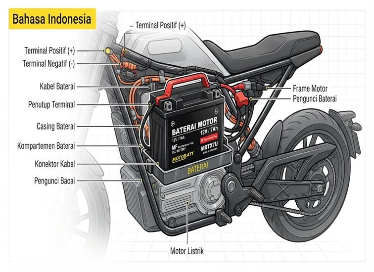 Ilustrasi aki pada sepeda motor injeksi. (Doc. Google AI)
