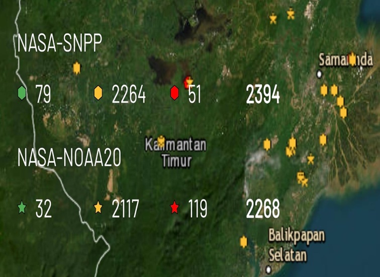 SiPongi+ (Sistem Pemantauan Kebakaran Hutan dan Lahan) berbasis satelit memperlihatkan titik merah tanda kebakaran dan kuning tanda berpotensi kebakaran, Senin (10/8/26). (Doc. Website SiPongi)