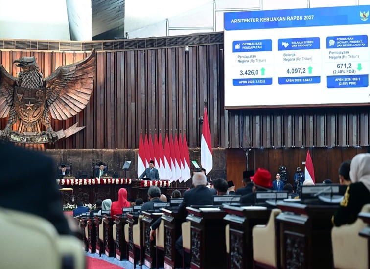 Presiden Prabowo Subianto dalam Sidang Penyampaian Keterangan Pemerintah atas Rancangan Undang-Undang tentang APBN Tahun Anggaran 2027 beserta Nota Keuangannya pada Rapat Paripurna DPR RI di Gedung Nusantara, Jakarta. Jumat, (14/8/26)