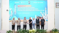 Penandatanganan Pedoman Kerja Teknis (PKT) Jasa Pengamanan sekaligus sosialisasi mengenai bahaya narkoba, judi online, terorisme, serta pencegahan kekerasan terhadap perempuan dan anak, Jumat (11/9/2026).(Dok.Humas Polda Kaltim)