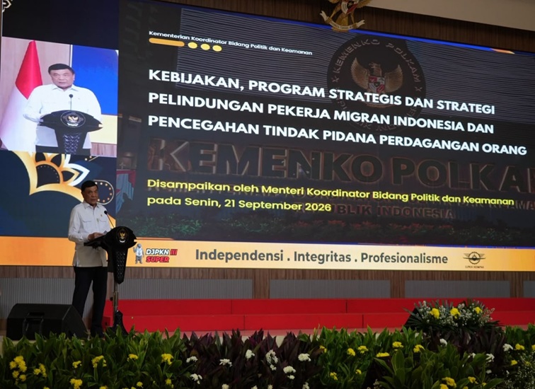 Menko Polkam, Jenderal TNI (Purn.) Djamari Chaniago dalam Workshop BPK RI bertema Memperkuat Pencegahan dan Penanganan TPPO melalui Deteksi Dini dan Mewujudkan Interoperabilitas Data Lintas Instansi di Jakarta, Senin (21/9/2026). (Dok. Kemenko Polkam)
