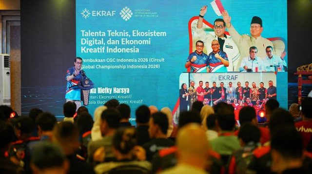 Menteri Ekonomi Kreatif/Kepala Badan Ekonomi Kreatif (Ekraf), Teuku Riefky Harsya, menghadiri World Cup Circuit Global Championship (CGC) Indonesia 2026. Jakarta, Sabtu (26/9/2026).