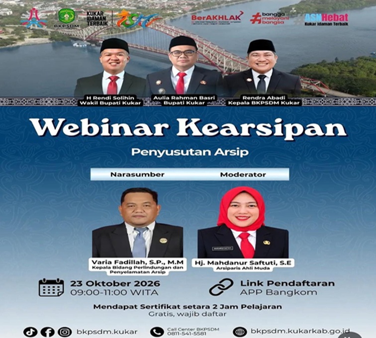 Pamflet Webinar Kearsipan Via Zoom dan Live Youtube BKPSDM Kukar. (Doc. BKPSDM)