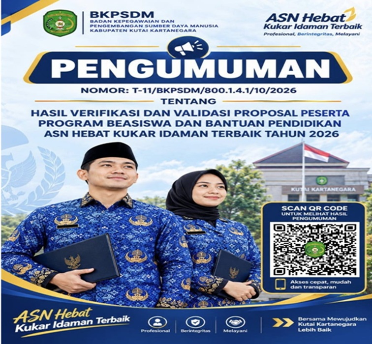Pamflet Pengumuman penerima Beasiswa ASN Hebat Kukar Idaman Terbaik. (Doc. BKPSDM Kukar)