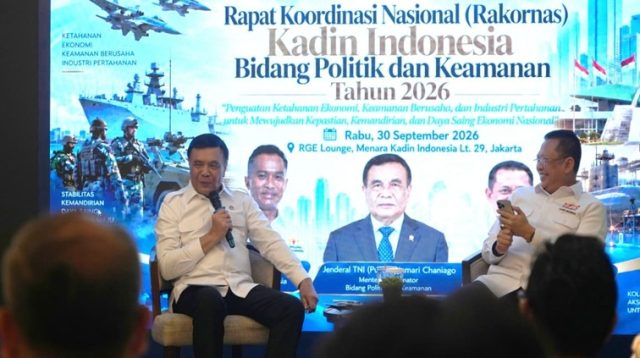 Menko Polkam Djamari Chaniago saat menjadi narasumber pada Rapat Koordinasi Nasional (Rakornas) Bidang Politik dan Keamanan Kadin Indonesia Tahun 2026 di Menara Kadin Indonesia, Jakarta, Rabu (30/9/2026). (Dok. Kemenko Polkam)